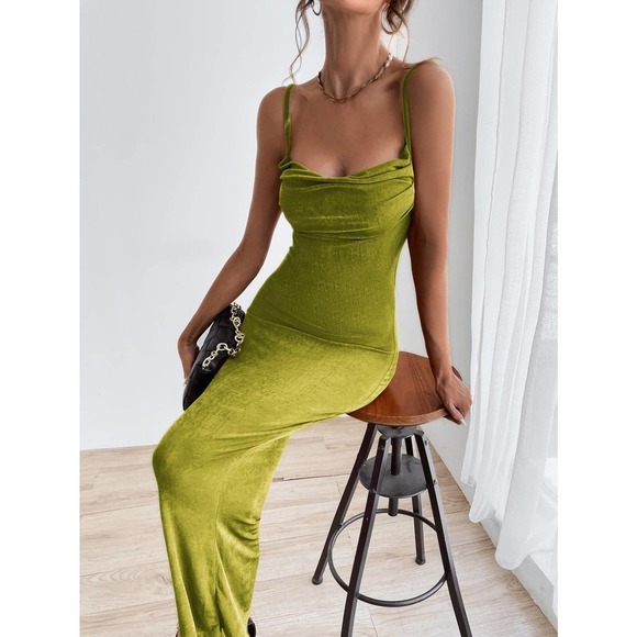 green cami strap Tie Backless Ruched cowl neck maxi Dress - Picture 7 of 9